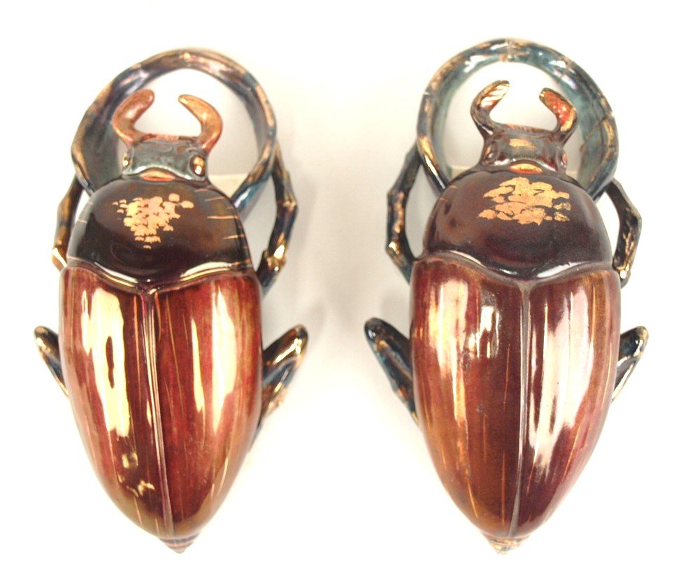 French Majolica lot of 2 beatle wall pockets, 8" (1 of 1)