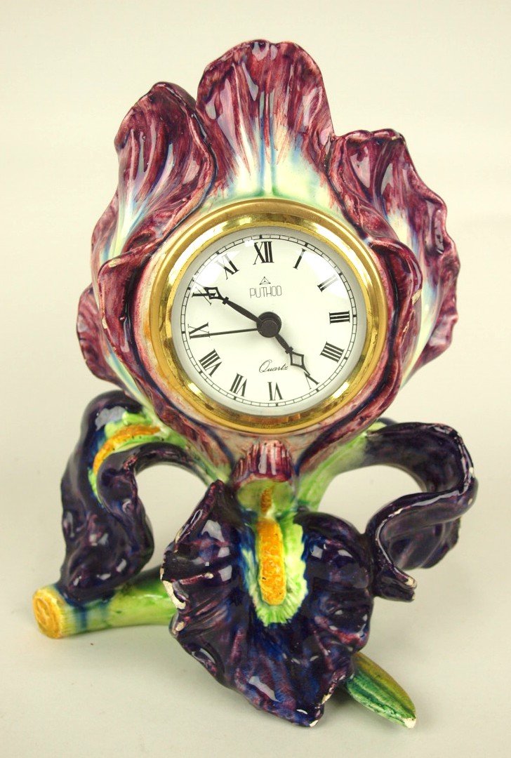 French Majolica Massier style iris clock, no clocks (1 of 1)
