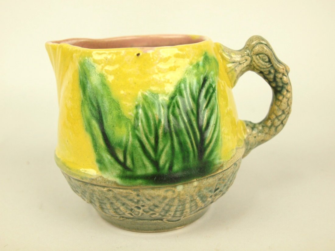 Rare Tenuous Majolica creamer with fish handle, 3 1/2" (1 of 1)