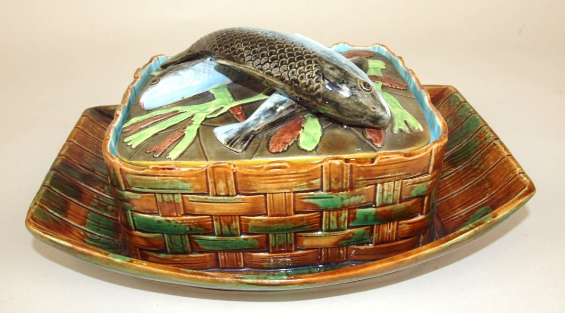 George Jones Majolica boat & basket sardine box,: George Jones Majolica boat & basket sardine box, professional repair to boat