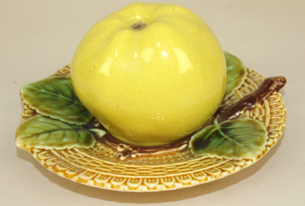 Majolica apple on tray covored toothpick holder: Majolica apple on tray covored toothpick holder