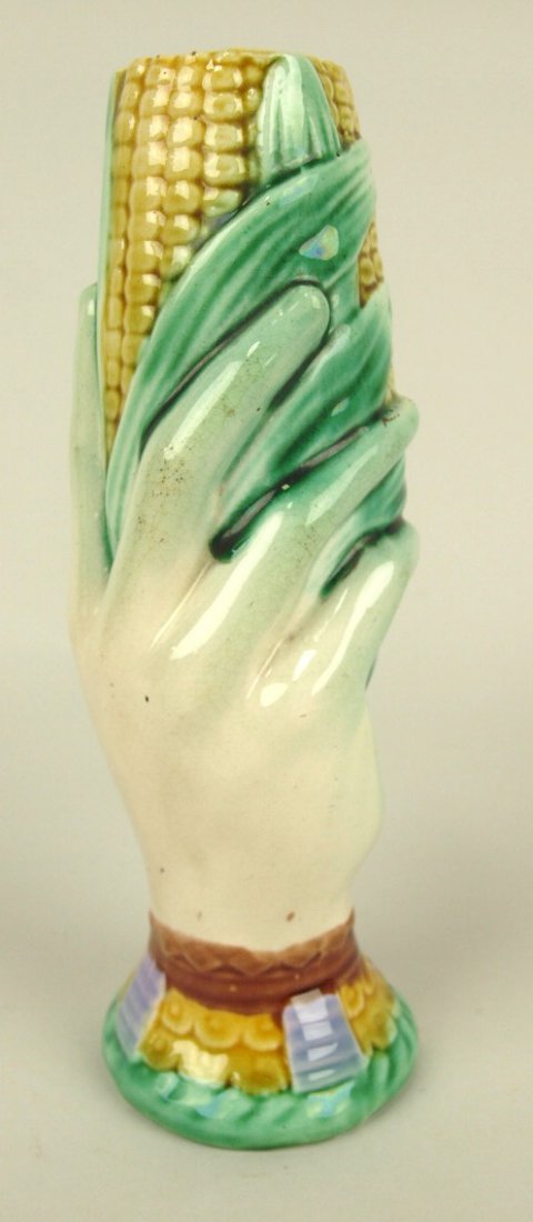 Majolica hand and ear of corn bud vase, minor rim nick, (1 of 1)