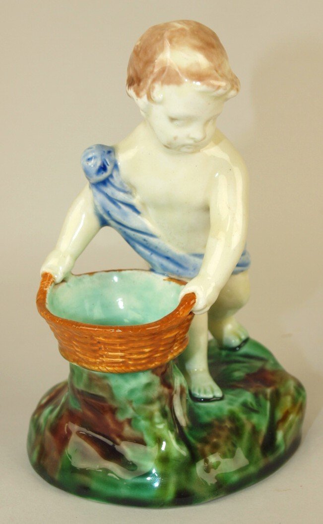 Wedgwood Majolica putti with basket figural salt, (1 of 1)