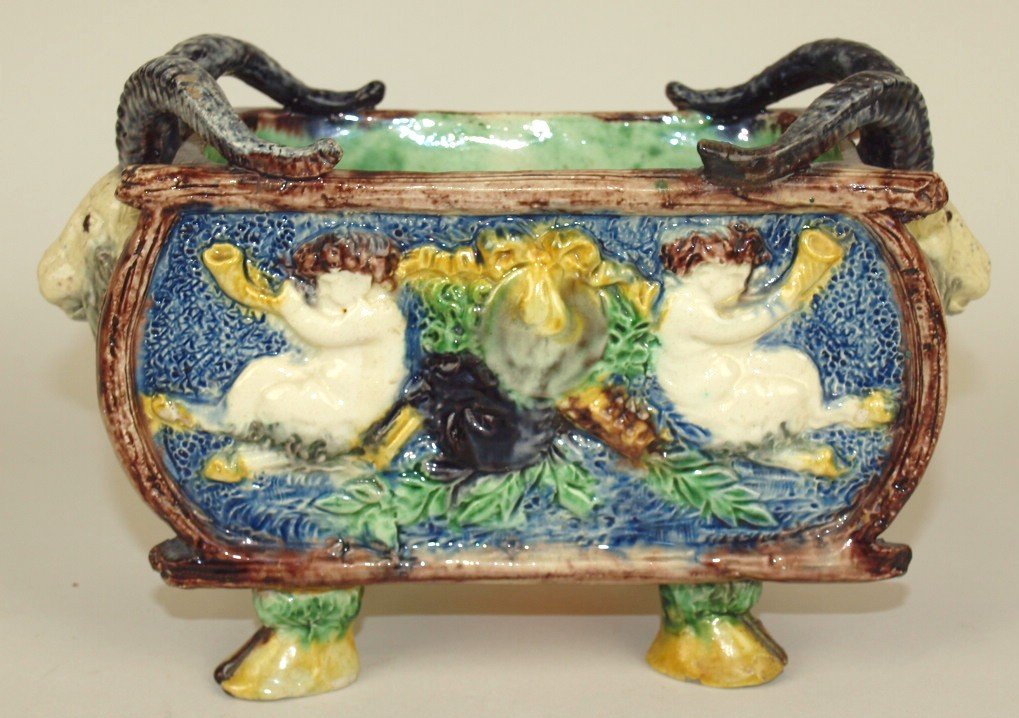 French Palissy Ware Majolica planter with putti's on (1 of 1)