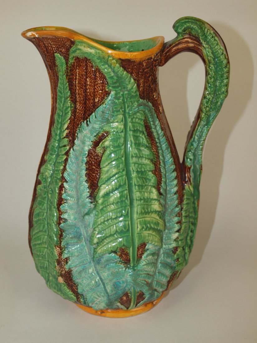 Majolica leaf and fern rustic pitcher, spout nick, 9" (1 of 1)