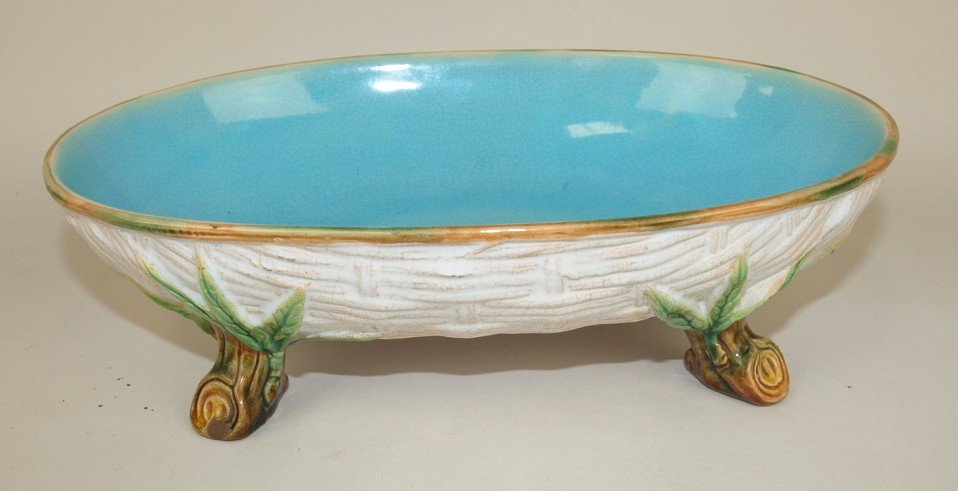 George Jones Majolica oval basket weave bowl with: George Jones Majolica oval basket weave bowl with branch feet, 9 3/4"