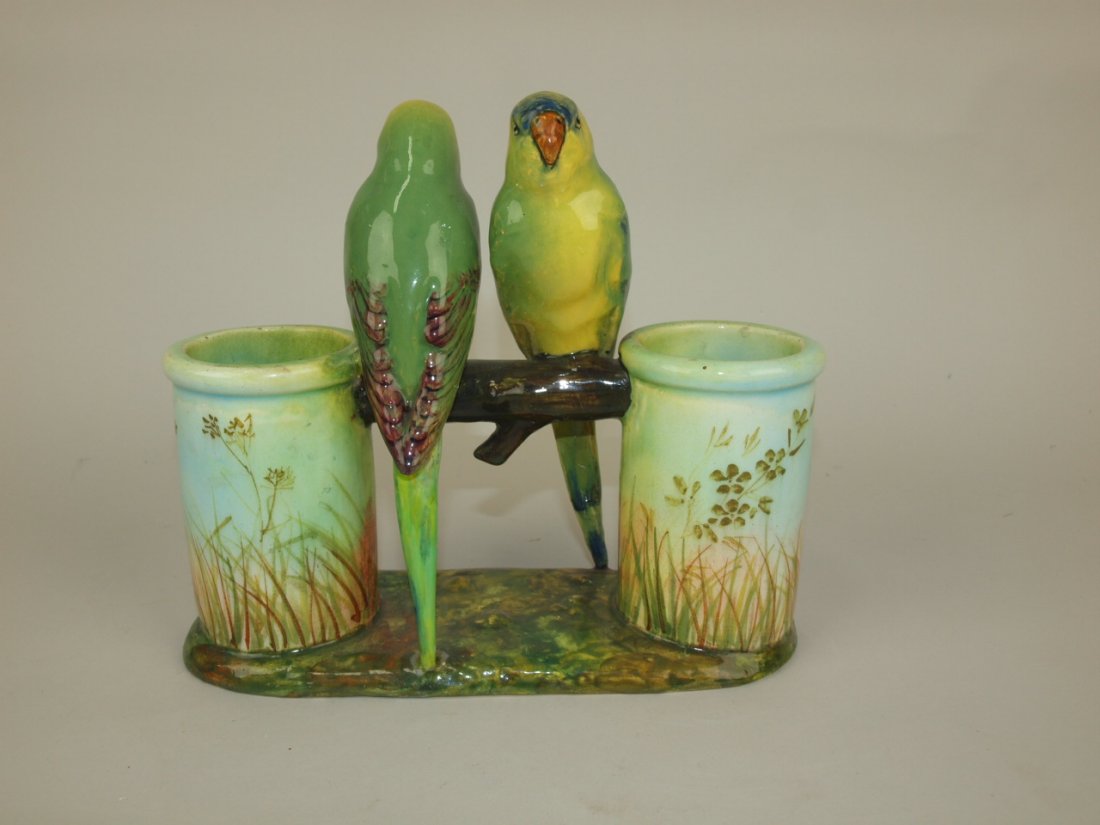 Massier parakeet's on branch Majolica figural flower (1 of 1)
