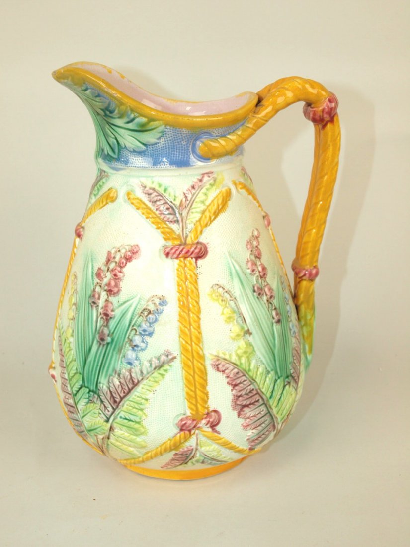 Lily of the valley and rope Majolica pitcher, 9 1/4", (1 of 1)