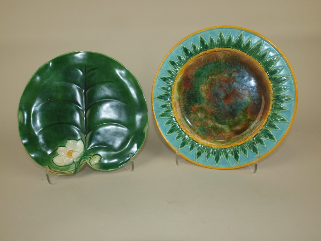 George Jones pond lily plate (repaired) and acanthus: George Jones pond lily plate (repaired) and acanthus leaf plate