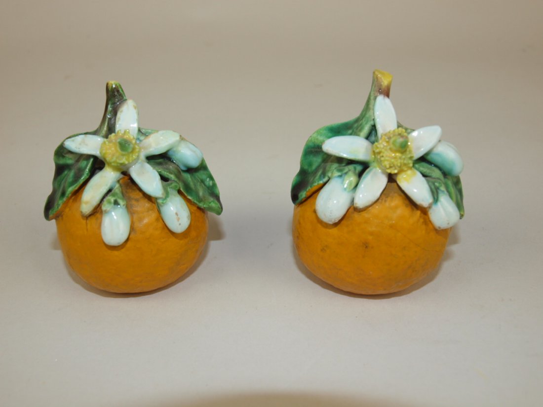 Menton Majolica pair of lemon menu holders, repair to: Menton Majolica pair of lemon menu holders, repair to one