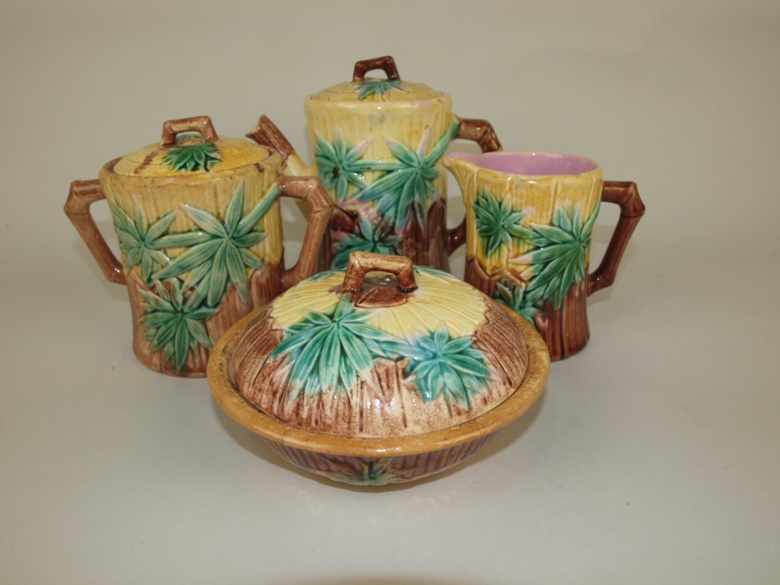 Etruscan Majolica bamboo 3 piece teaset and butter (1 of 1)