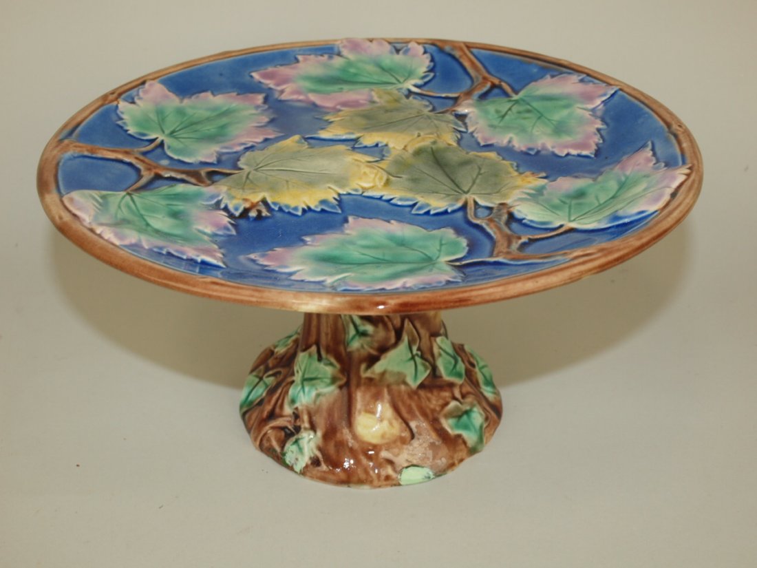 Rare Etruscan Majolica cobalt maple leaf cake stand, (1 of 1)