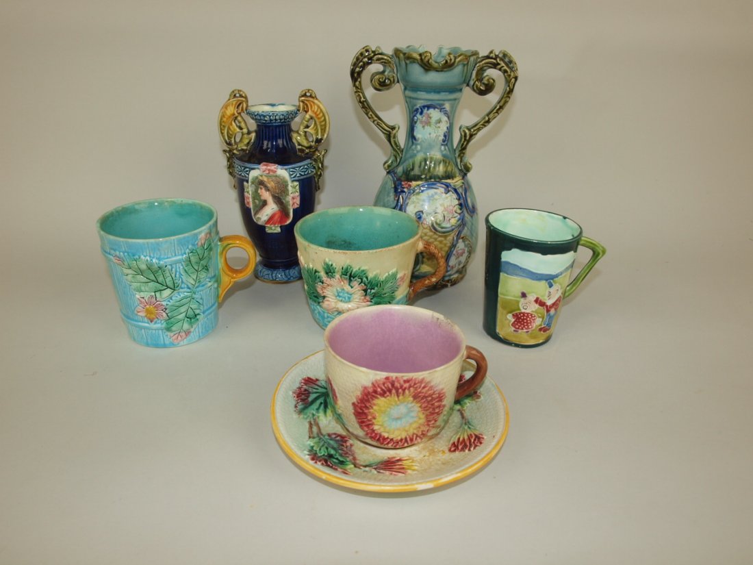 Majolica lot: 2-vasesm 3-mugs, cup/saucer, various: Majolica lot: 2-vasesm 3-mugs, cup/saucer, various conditions