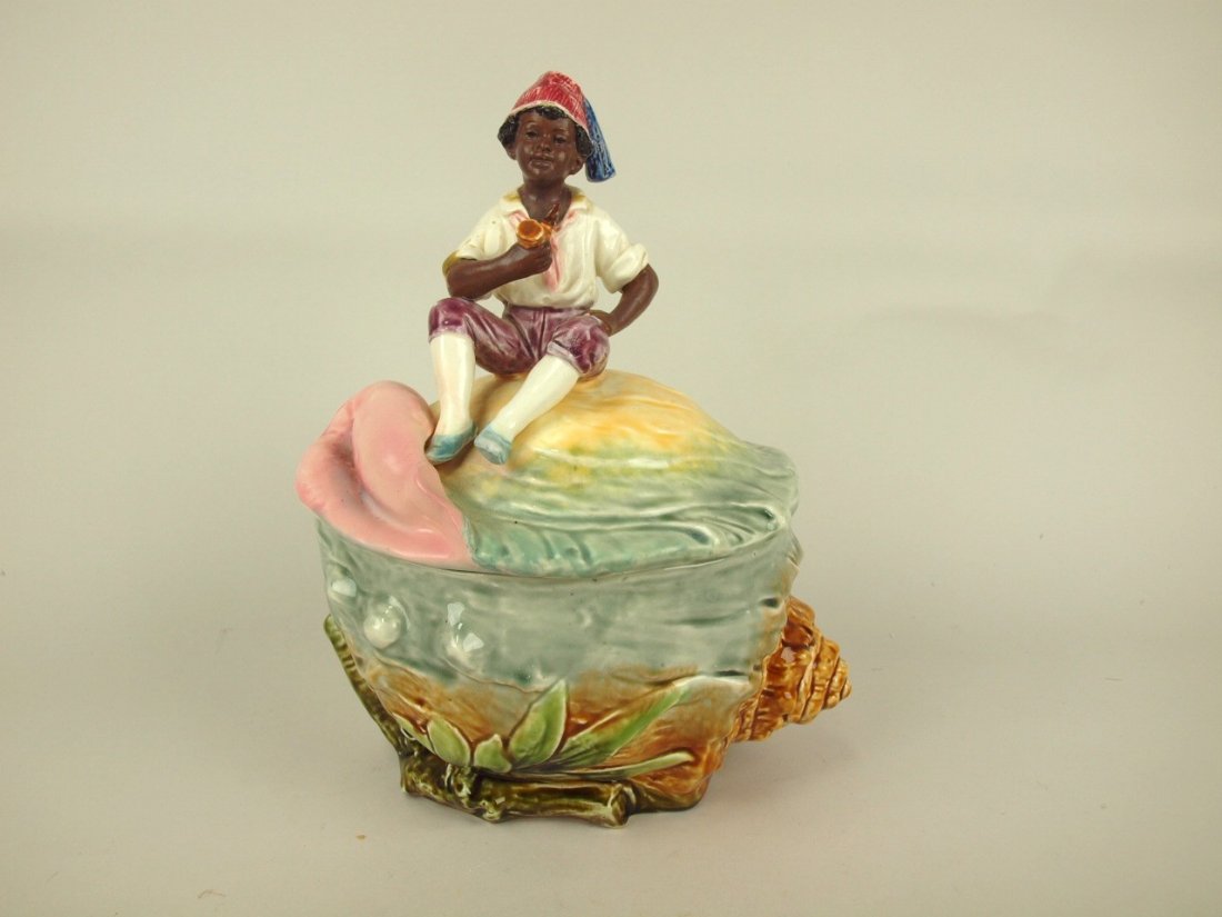 Majolica Blackamoor on shell figural humidor, (1 of 1)