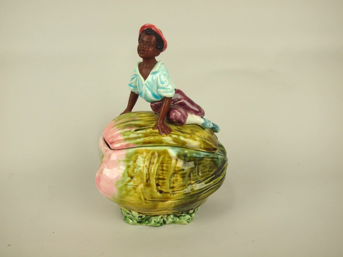 Majolica Blackamoor on melon figural humidor, 9 1/2" (1 of 1)