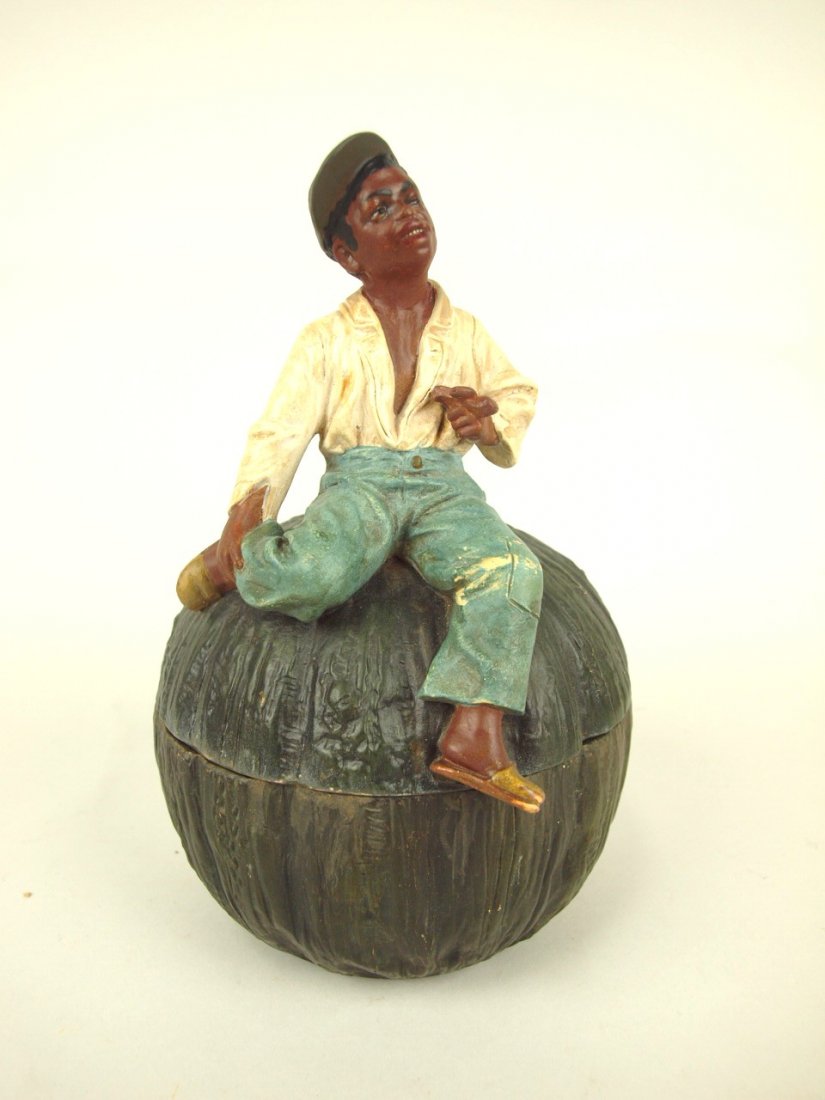 Terra Cotta Blackamoor man on melon figural r humidor, (1 of 1)