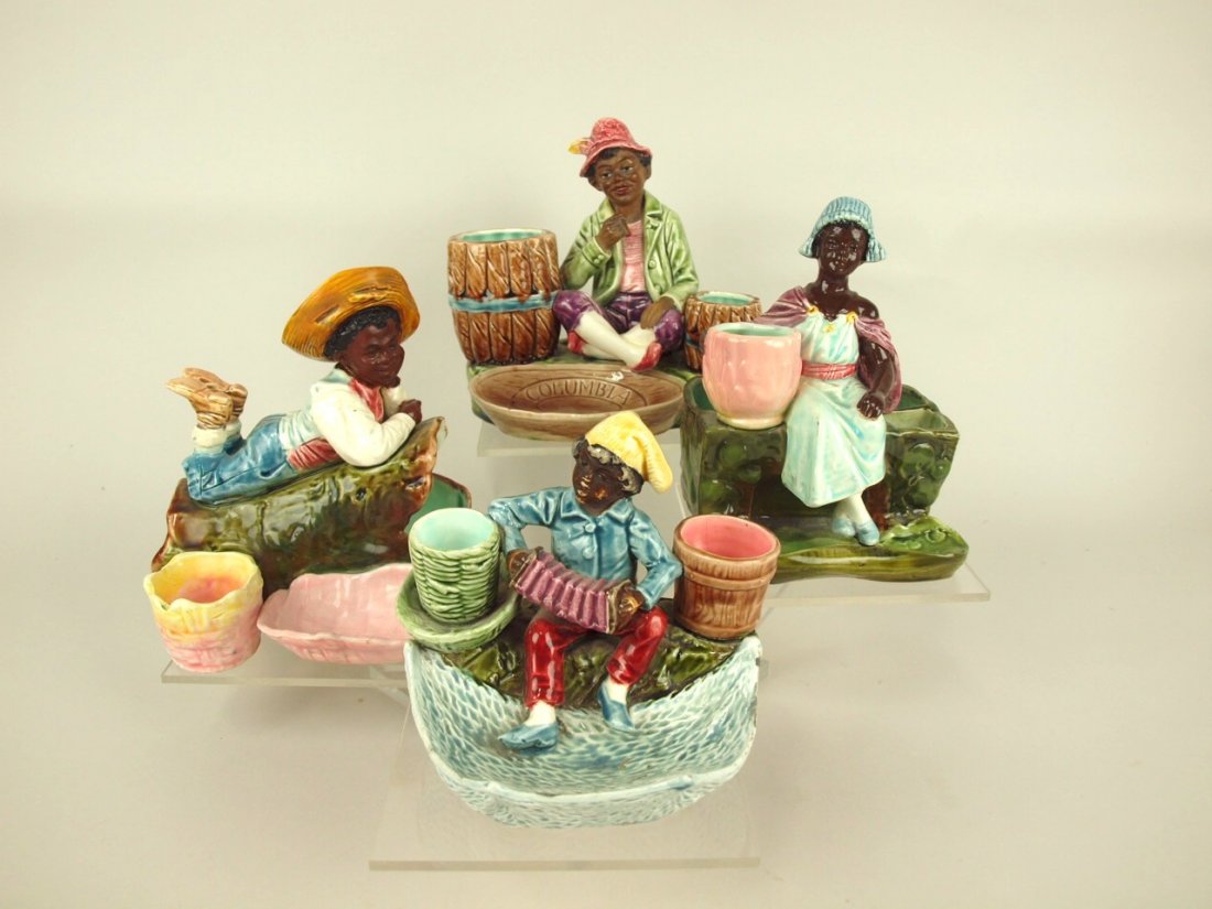 Majolica Blackmoor lot of 4 figural match strikers,: Majolica Blackmoor lot of 4 figural match strikers, various conditions,