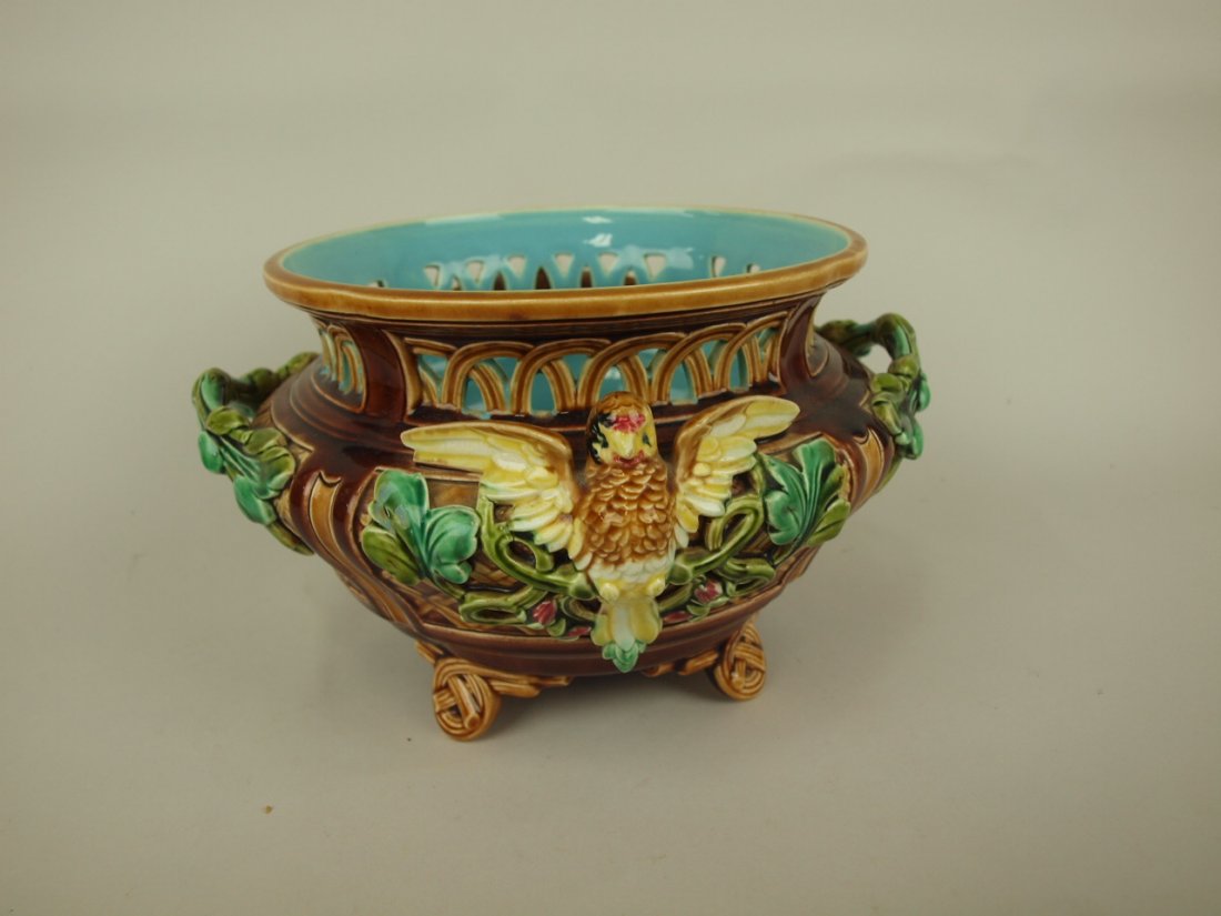 Sarreguemines Majolica jardiniere with bird and: Sarreguemines Majolica jardiniere with bird and reticulated rim, 10" w, 6" h