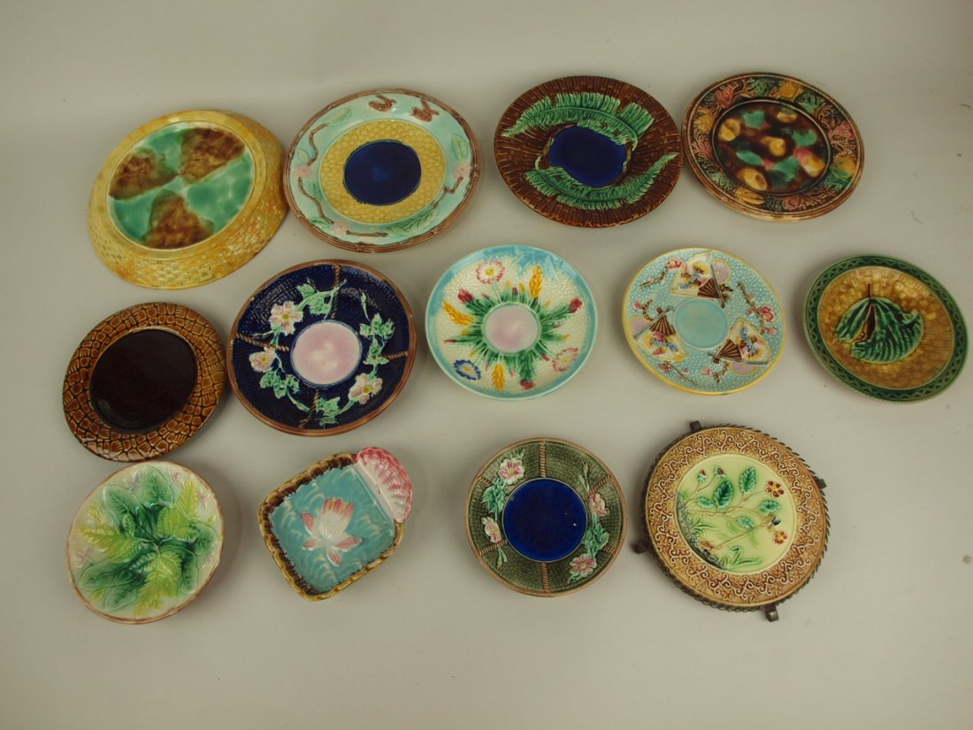 Majolica lot of 13 plates, suace dishes, and trivets, (1 of 1)
