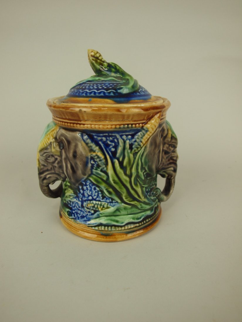French Majolica humidor with elephant heads, rim chip (1 of 1)
