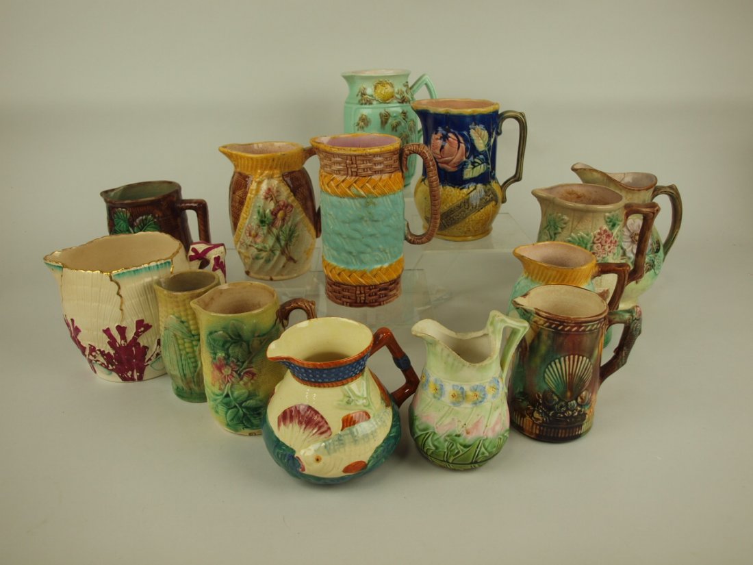 Majolica lot of 14 pitchers, various conditions: Majolica lot of 14 pitchers, various conditions