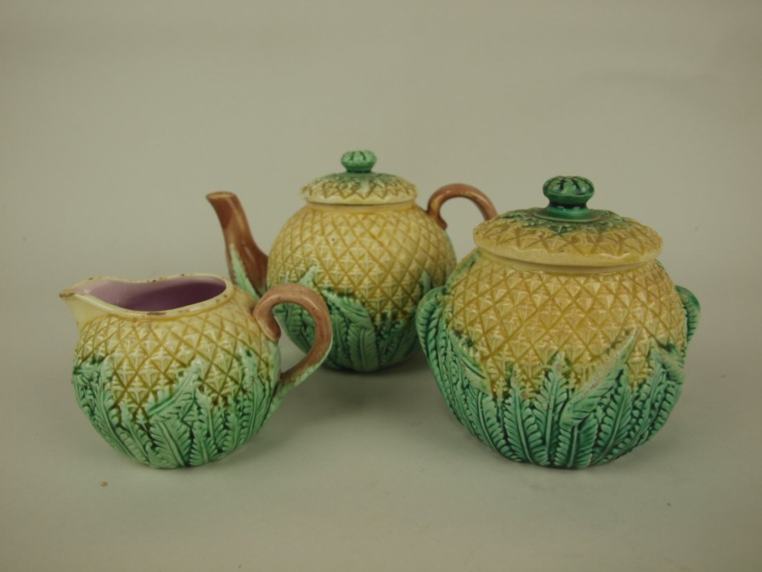 Majolica pineapple 3 piece tea set, various conditions (1 of 1)