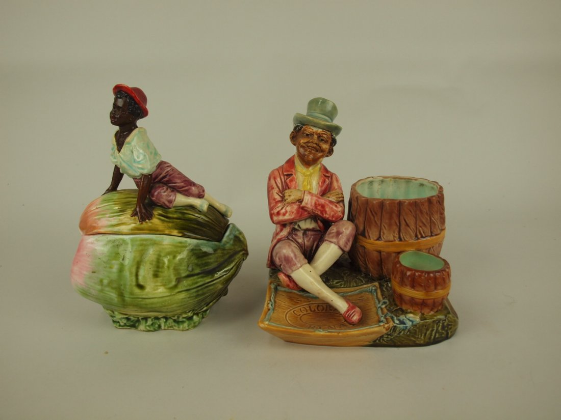 Majolica Blackmoor humidor and match striker, various: Majolica Blackmoor humidor and match striker, various conditions