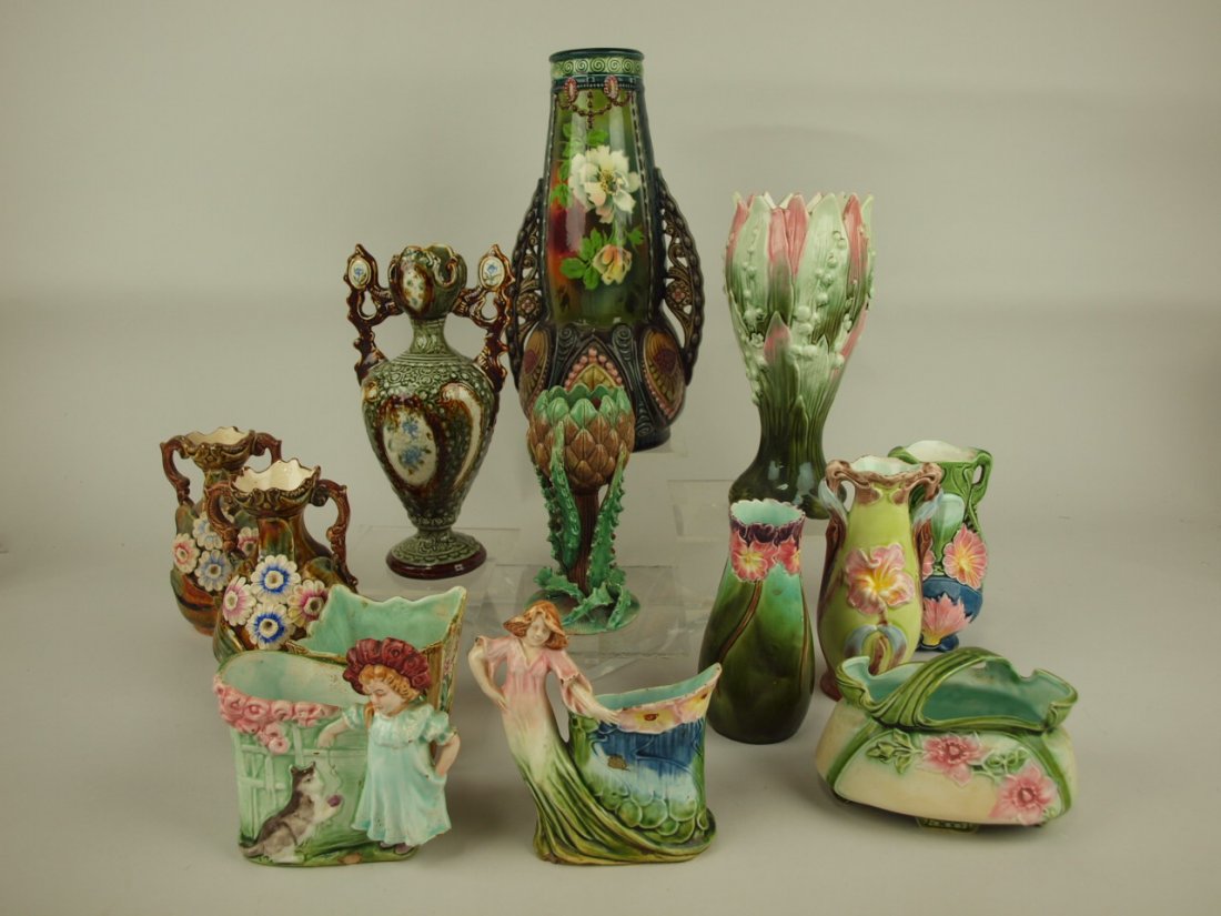 Majolica lot of 13 assorted vases, various conditions (1 of 1)