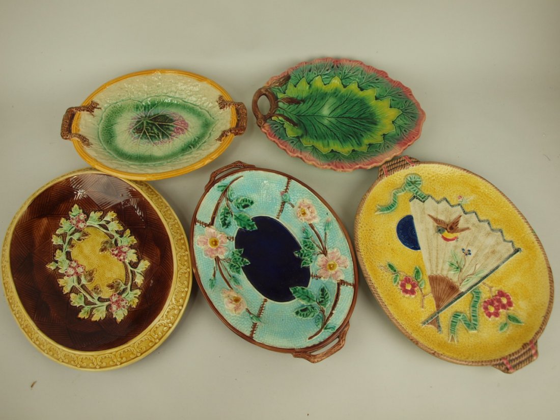Majolica lot of 5 platters, various conditions: Majolica lot of 5 platters, various conditions