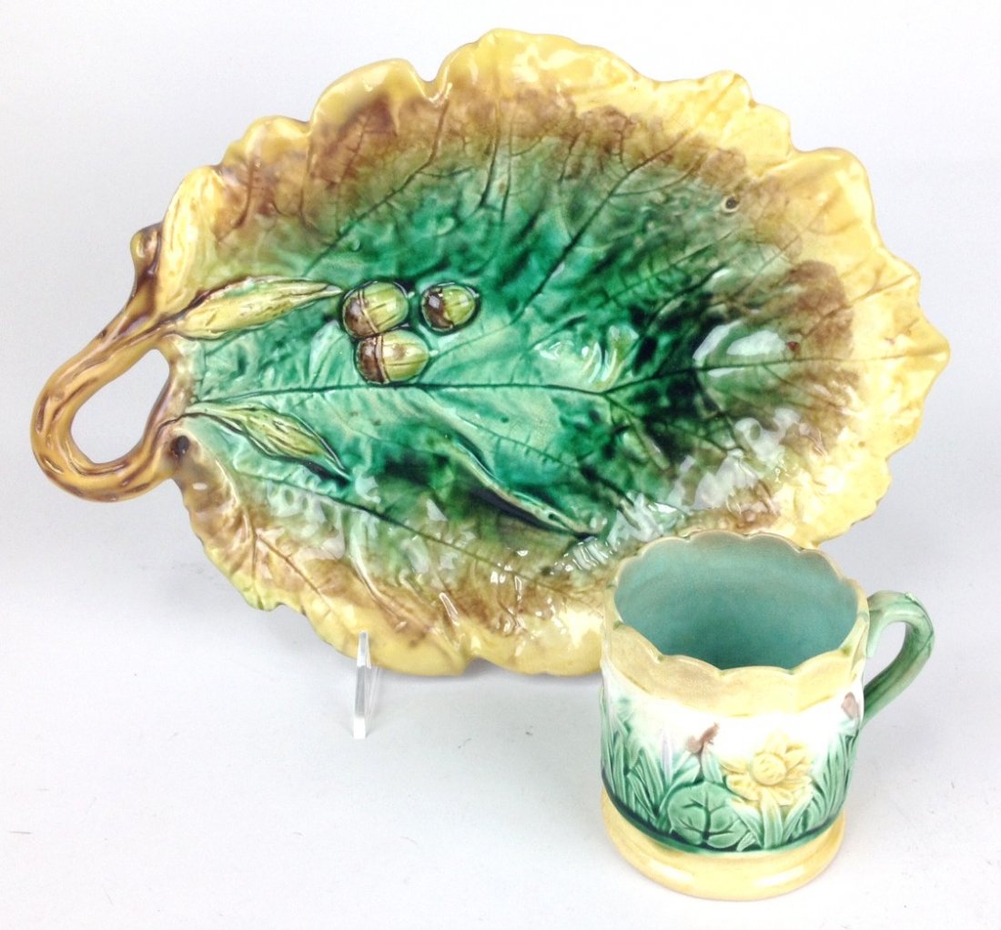 Majolica oak leaf tray and Etruscan water lily mug (1 of 1)