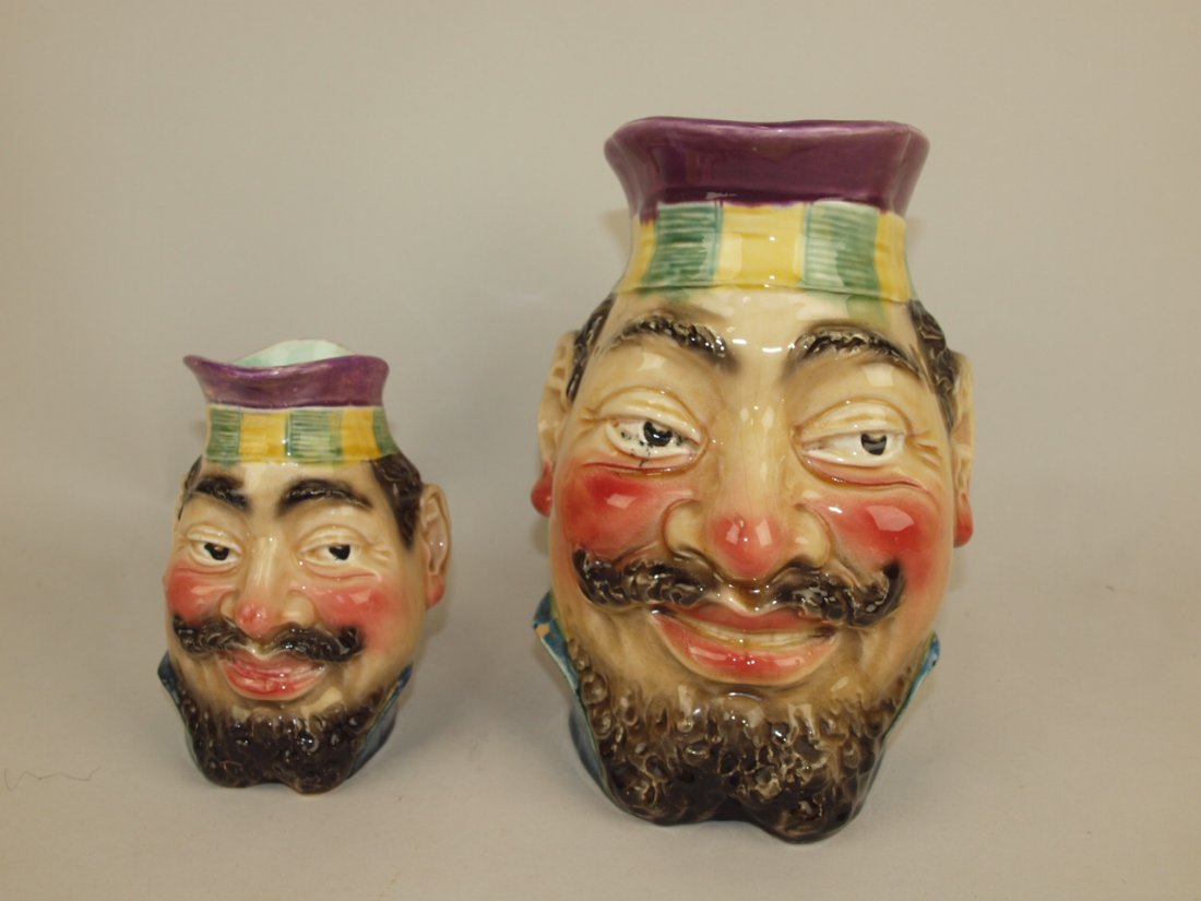 Majolica Sarreguemines style lot of 2 figural jugs: Majolica Sarreguemines style lot of 2 figural toby jugs, 5 1/2" and 9"