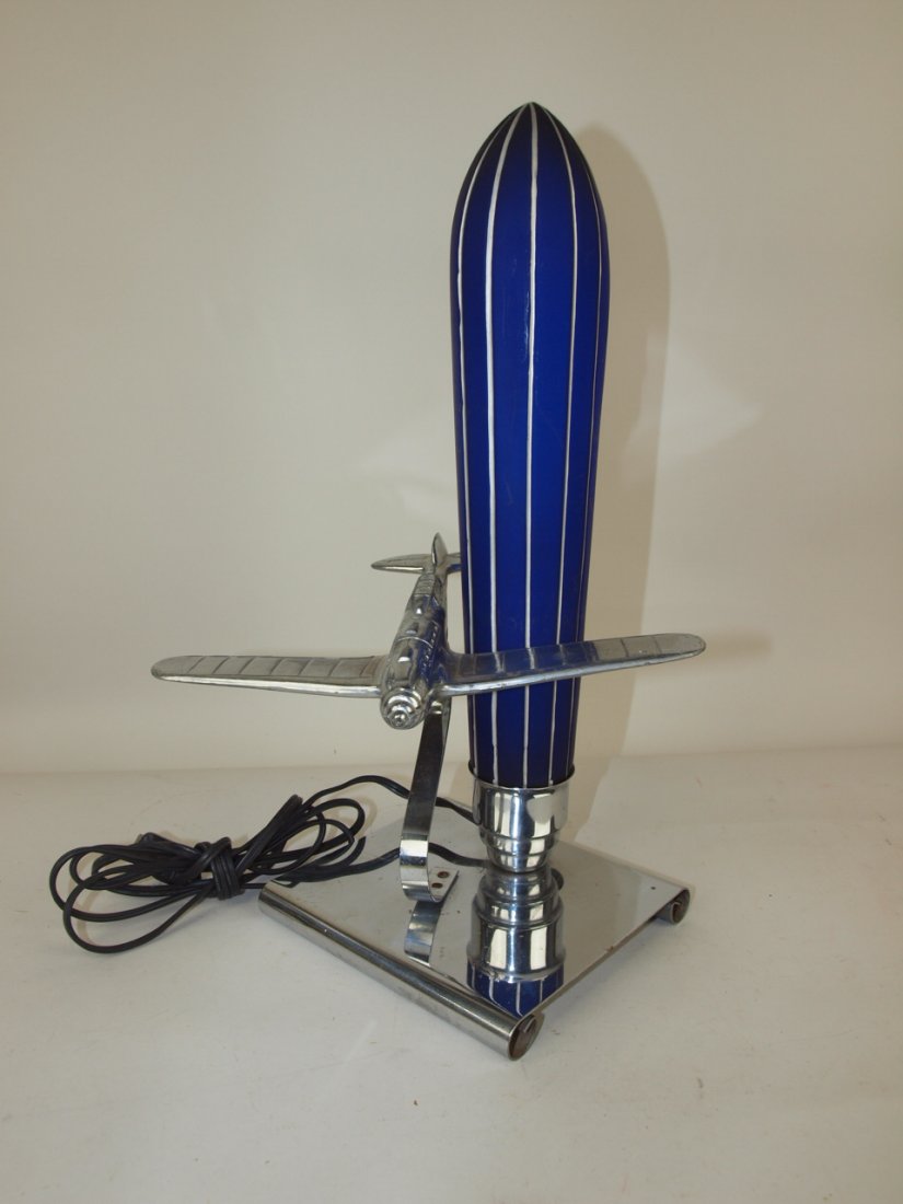 Art Deco silver chrome airplane lamp with royal blue (1 of 1)