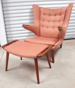 Hans Wegner "Papa Bear" midcentury modern chair and: Hans Wegner "Papa Bear" midcentury modern chair and matching ottoman, round danish control tag on chair, by A.P. Stolen, normal wear