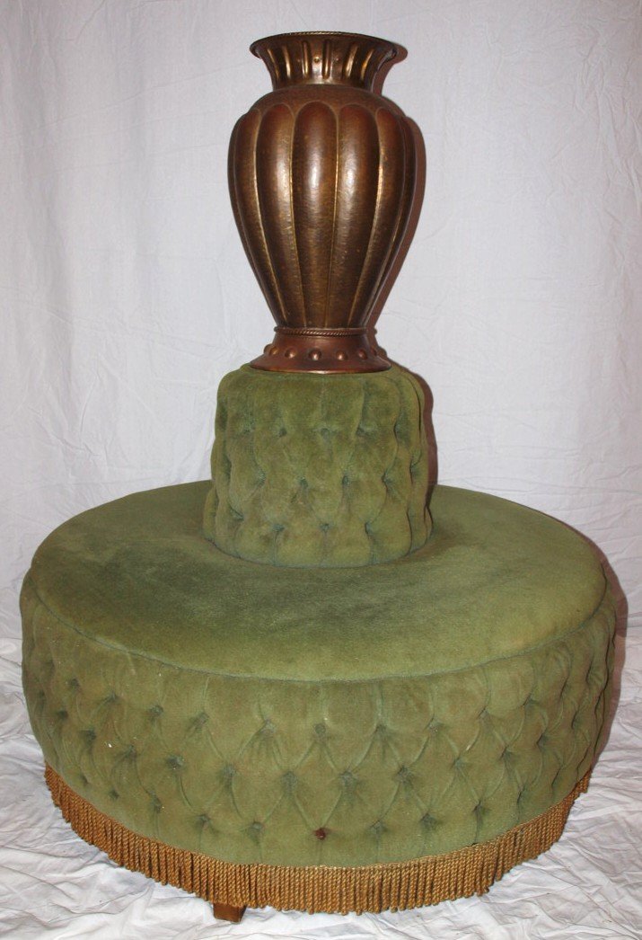 Round tete-a-tete sofa with brass vase, 51"h, 41"d: Round tete-a-tete sofa with brass vase, 51"h, 41"d