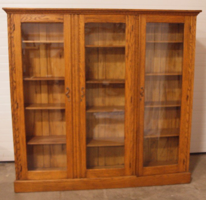 Oak triple door bookcase with wooden shelves 76"w, (1 of 1)