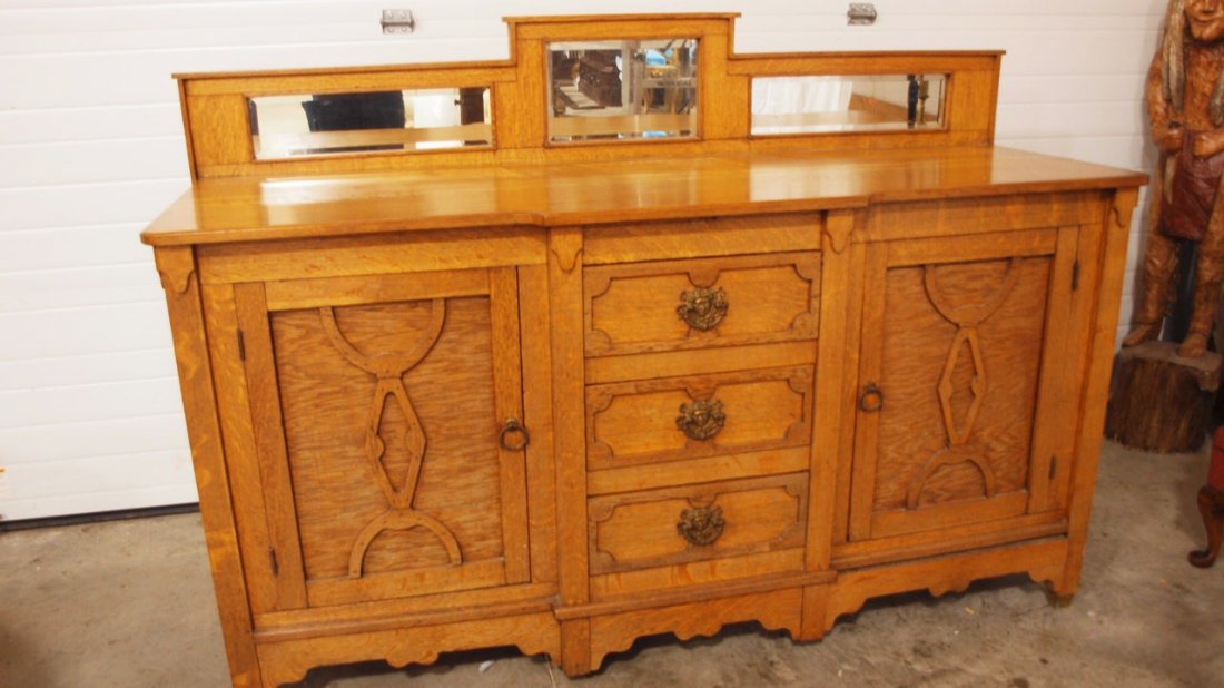 Unusual oak buffet with mirrored back, 73"w, 50"h (1 of 1)