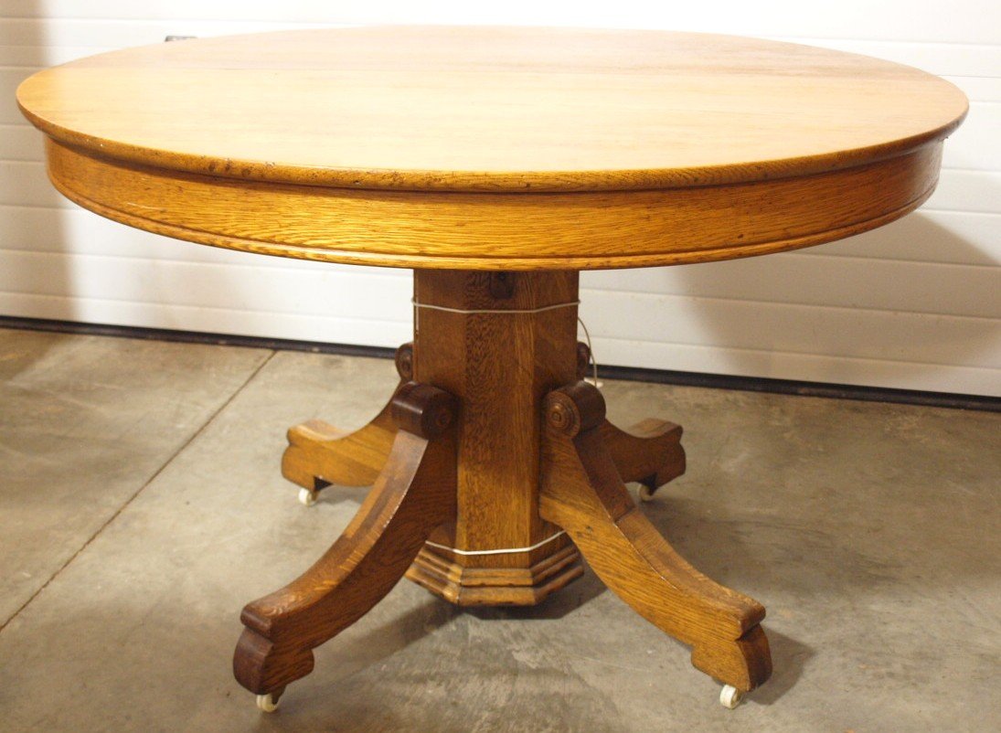 Round oak dining table with 2 leaves, 45"d (1 of 2)