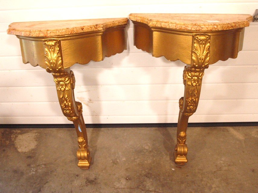 Pair of gilted half wall tables with marble top 20"w, (1 of 2)