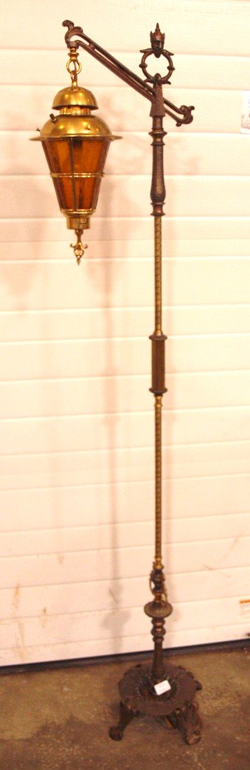 Brass floor lamp with amber panel glass shade (1 of 2)