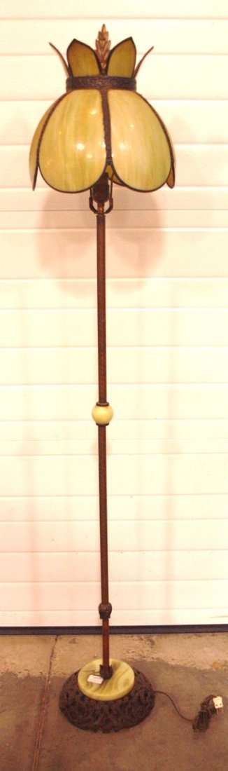 Brass & alabaster floor lamp with panel glass shade (1 of 1)