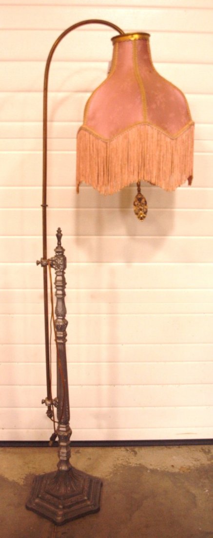 Brass & iron floor lamp with cloth shade with fringe (1 of 1)