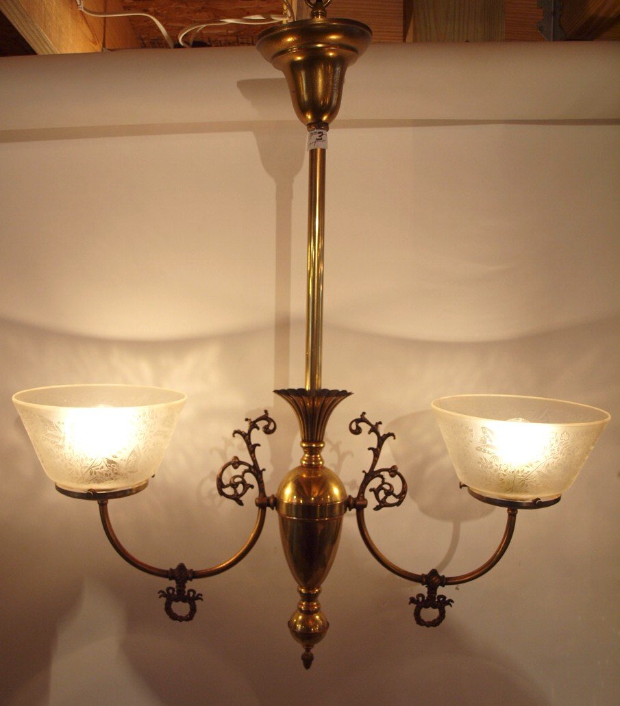 Brass 2 light hanging lamp with etched glass shades (1 of 1)