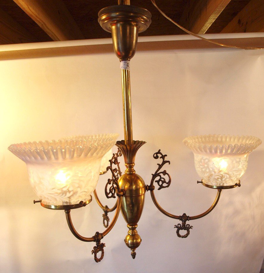 Brass hanging lamp, 3 light, opalescent daisy & fern (1 of 1)
