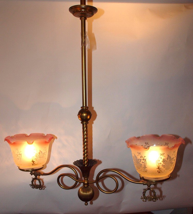 Brass 2 light hanging lamp with frosted shades with (1 of 1)