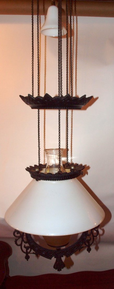 Iron kitchen pull down hanging lamp with milk glass (1 of 1)