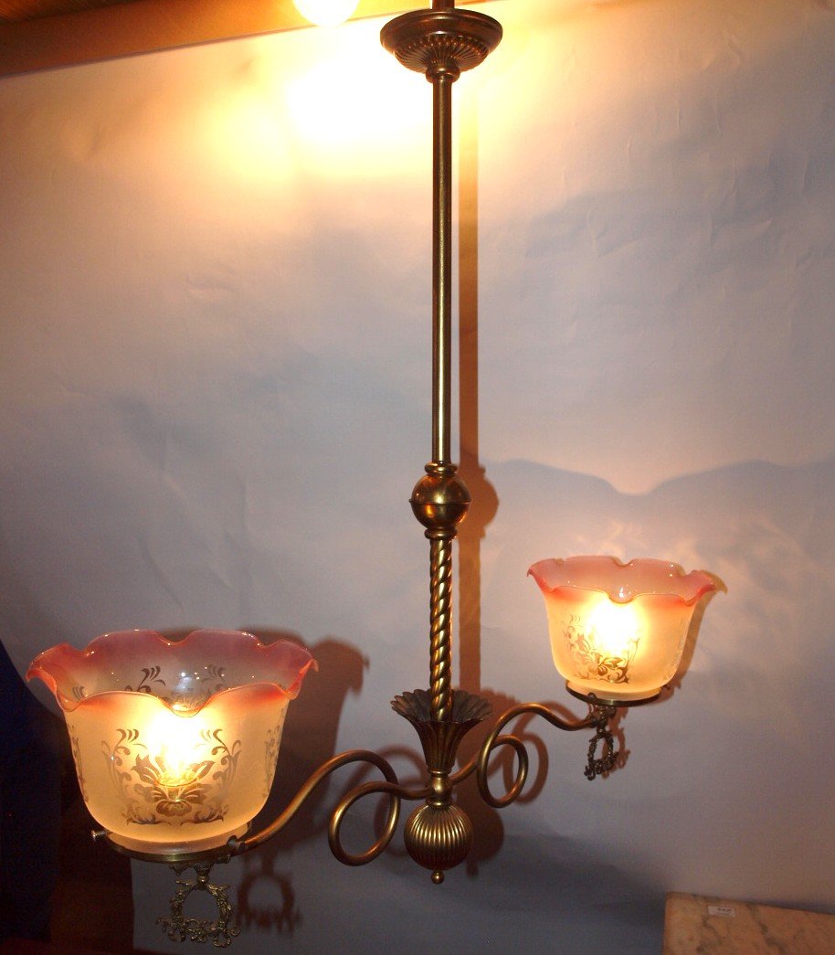 Brass 2 light hanging lamp with frosted shades with (1 of 1)