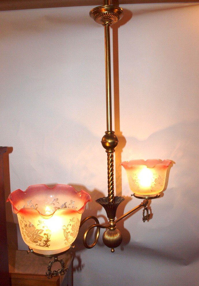 Brass 2 light hanging lamp with frosted shades with (1 of 1)