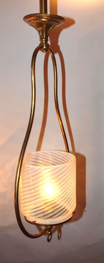 Brass hanging hall lamp with opalescent swirl handle (1 of 1)