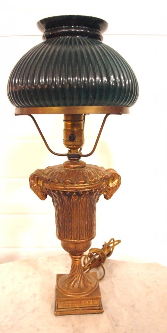 Small table lamp with ram's heads on base, green cased (1 of 2)