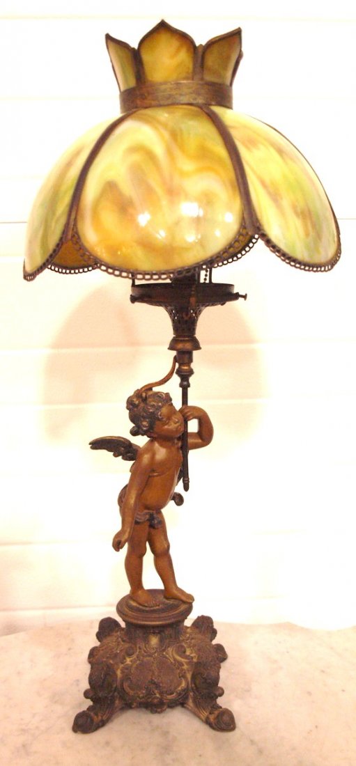 Figural banquet lamp with cherub and panel glass shade, (1 of 2)